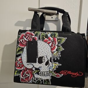 Ed Hardy Black Tote with Skull and Floral Art
